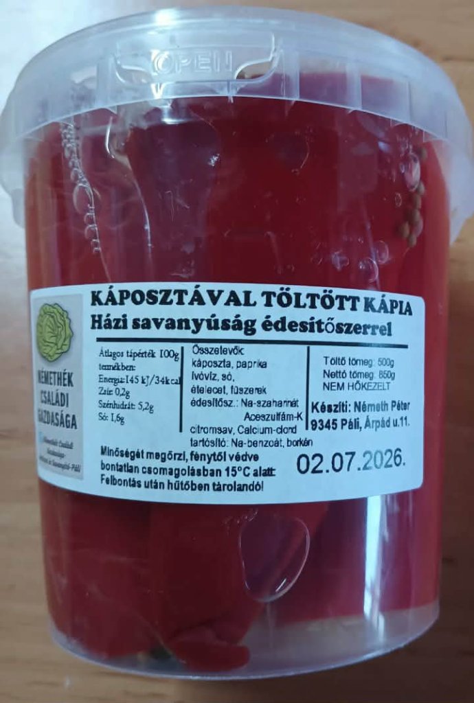Káposztával töltött kápia házi savanyúság csemege 0,85